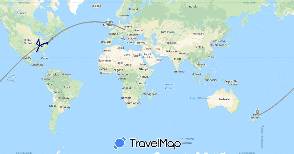 TravelMap itinerary: driving, plane, train in Czech Republic, New Zealand, United States (Europe, North America, Oceania)